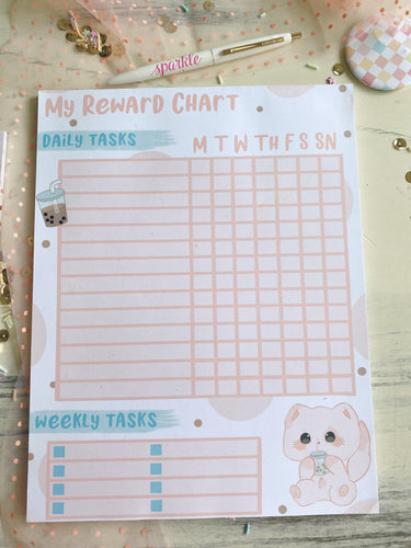 8.5x11 Reward Chart Planner Boba Cat Notepad