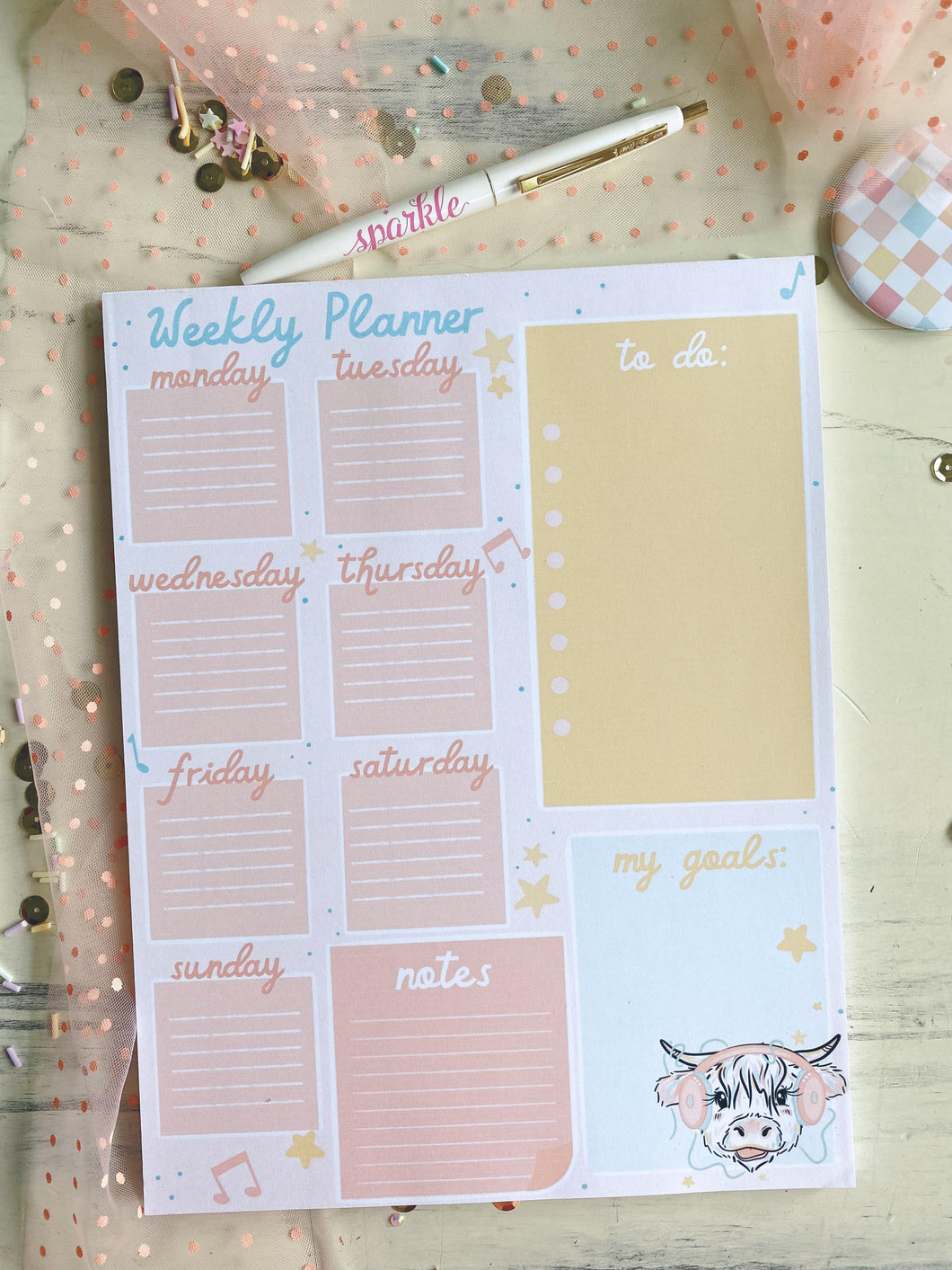 8x10.5 Retro Headphone Cow Weekly Planner Notepad