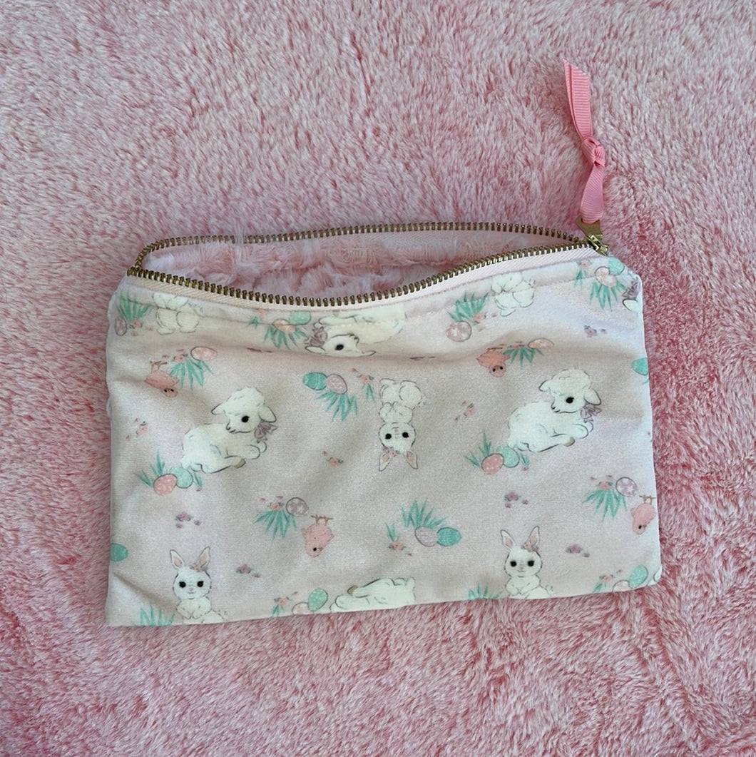 Fur lined velvet Easter print clutch