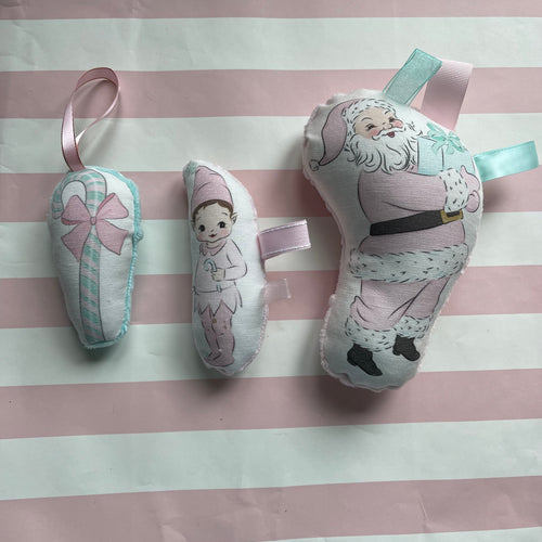 Vintage Santa Pillow, Pink Elf Rattle and Candy Cane Ornament