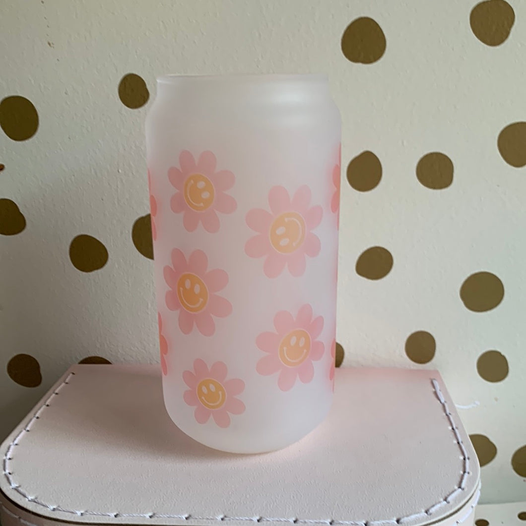 Pink/orange flower smiley sample glass