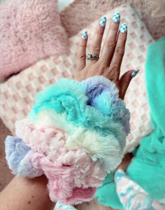 Pastel rainbow fur scrunchie set