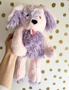 Pink and purple shaggy plush puppy