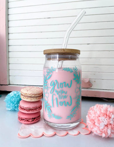 Grow with the Flow Glass with Lid and Glass Straw-16oz (Mint)