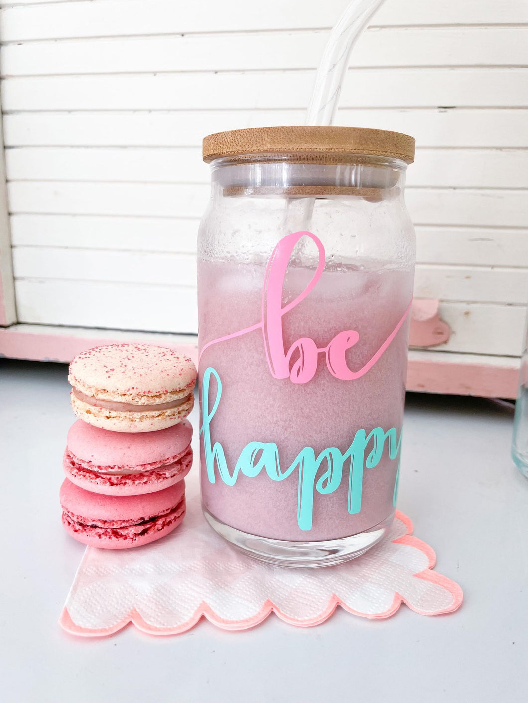 Be Happy Glass with Lid and Glass Straw-16oz (Pink and Mint)