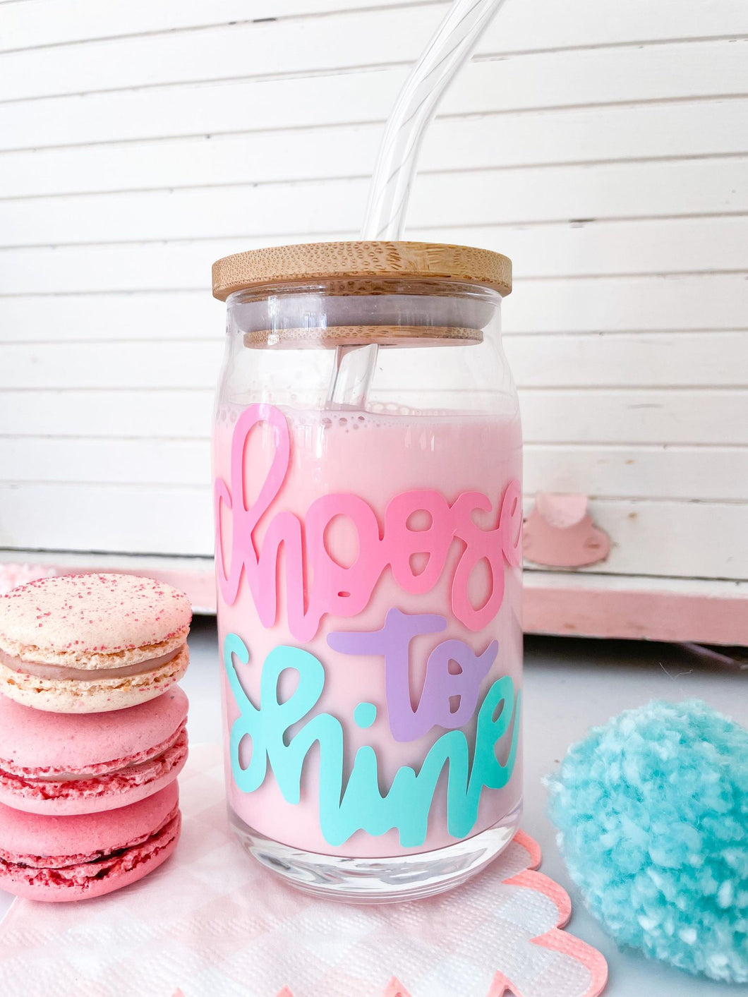 Choose to Shine Glass with Lid and Glass Straw-16oz (Pink/Purple/Mint)