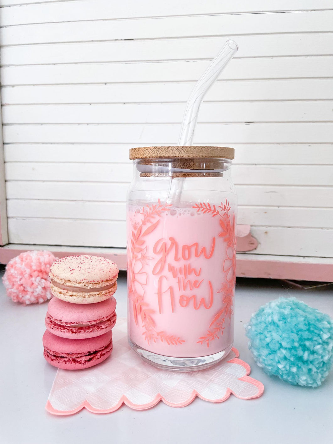 Grow with the Flow Glass with Lid and Glass Straw-16oz (Coral)