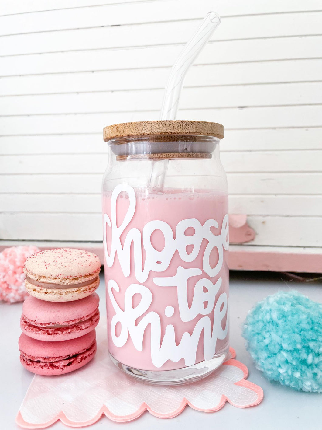 Choose to Shine Glass with Lid and Glass Straw-16oz (White)