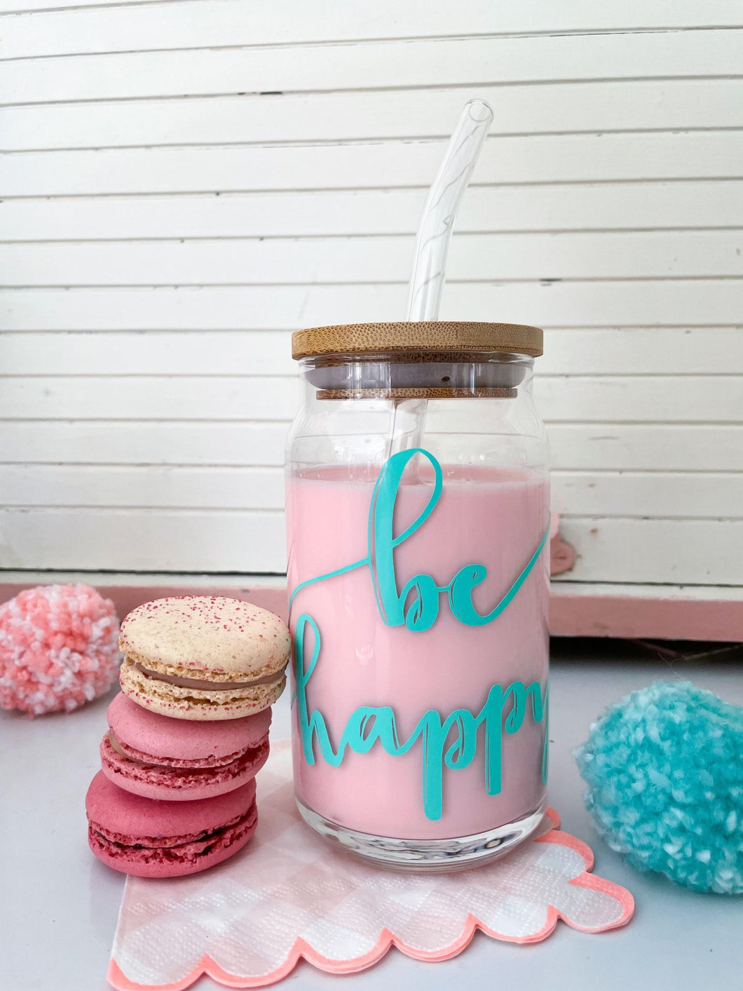 Be Happy Glass with Lid and Glass Straw-16oz (Mint)