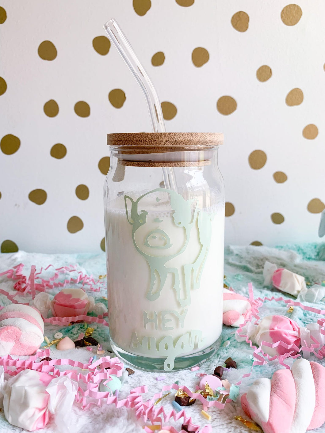Hey Sugar Pig Glass with Lid and Glass Straw-16oz (Mint)