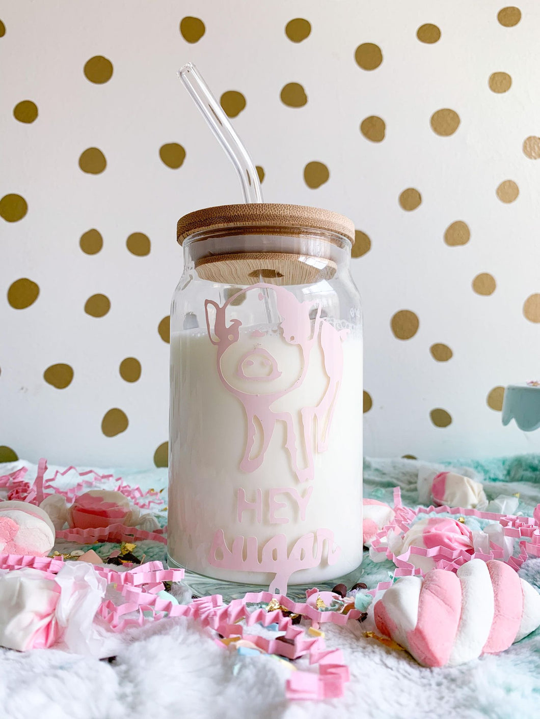 Hey Sugar Pig Glass with Lid and Glass Straw-16oz (Pink)