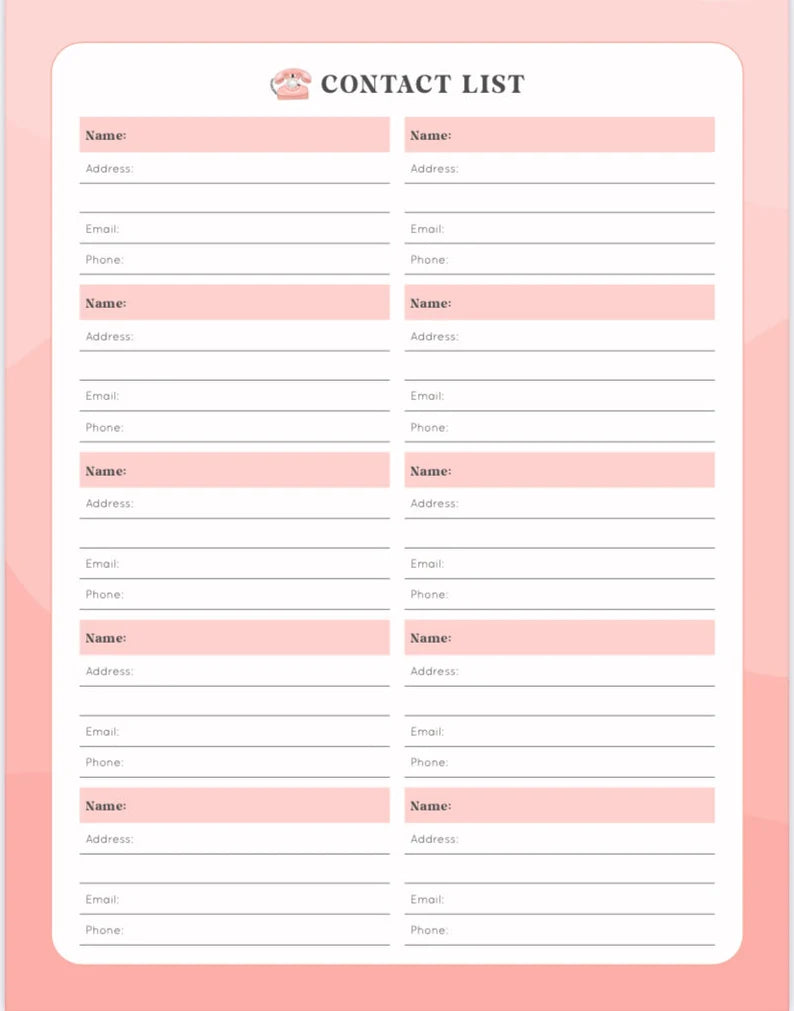 Contact List Planner: Printable