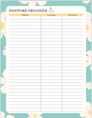 Password Organizer Planner: Printable