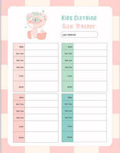 Kids Clohing Size Tracker Planner: Printable