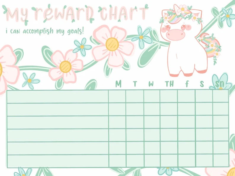 Unicorns and Flowers Reward Chart:  Printable