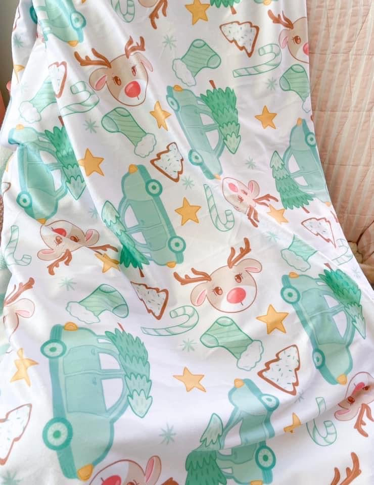 Kawaii Christmas Reindeer and Cars Snuggle Blanket